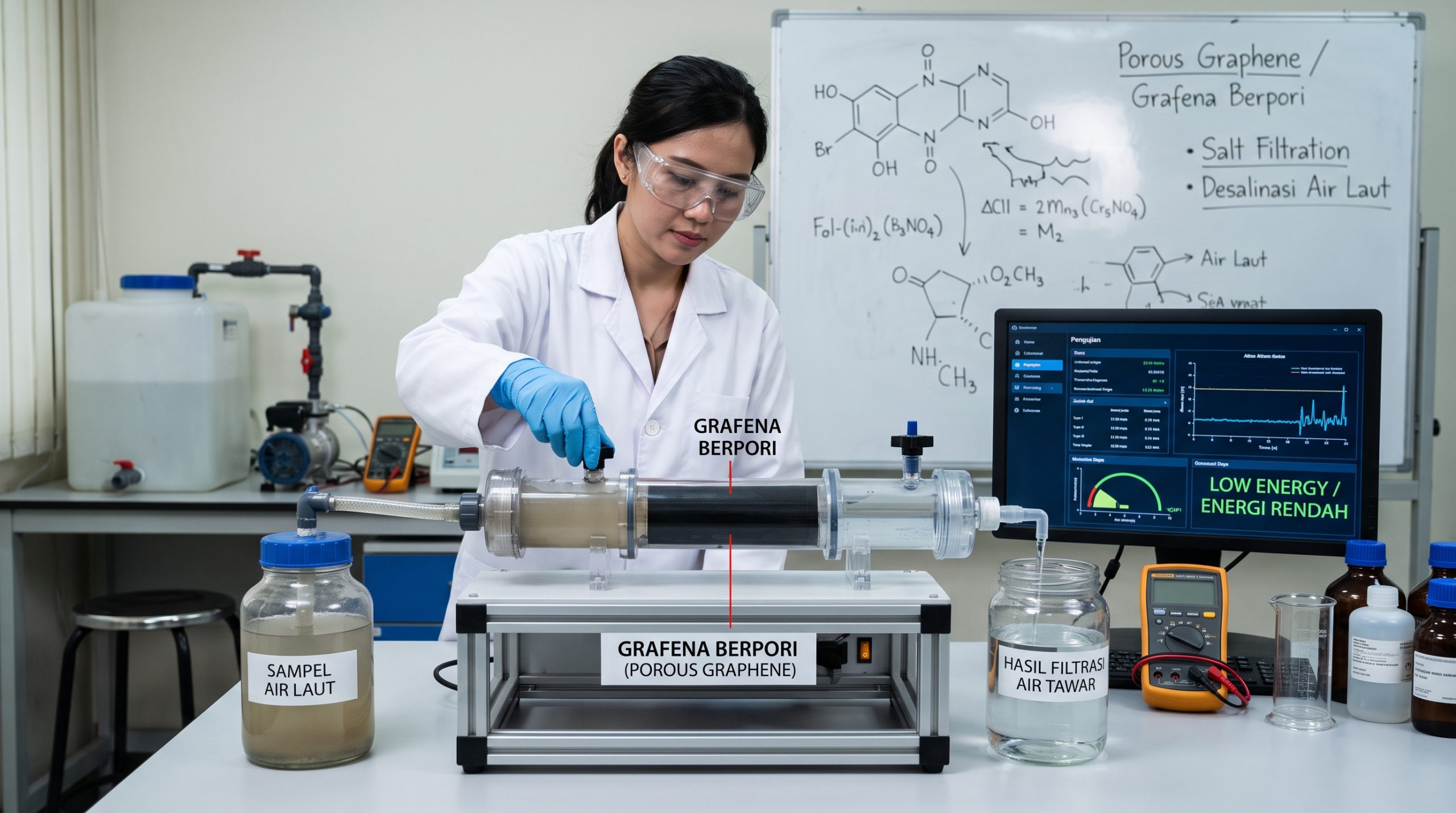 science technology, membran penyaring molekul garam air laut, teknologi desalinasi efisien, akses air bersih terbarukan